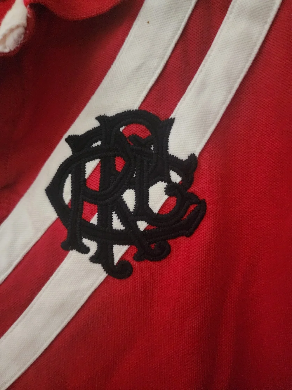 Ralph Lauren Red Polo with White V-Stripes and Black Crest